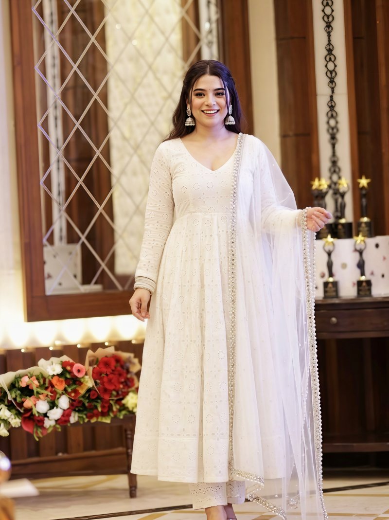 Nsr 919 Pure Cotton Chiffly Work Anarkali Kurti With Bottom Dupatta